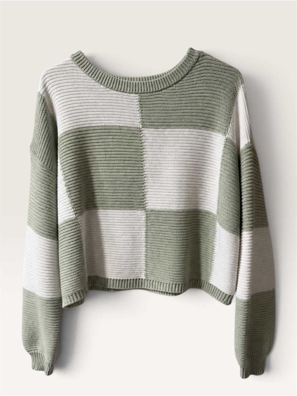 moon & madison Sage and Cream Block-Stripe Crewneck Sweater